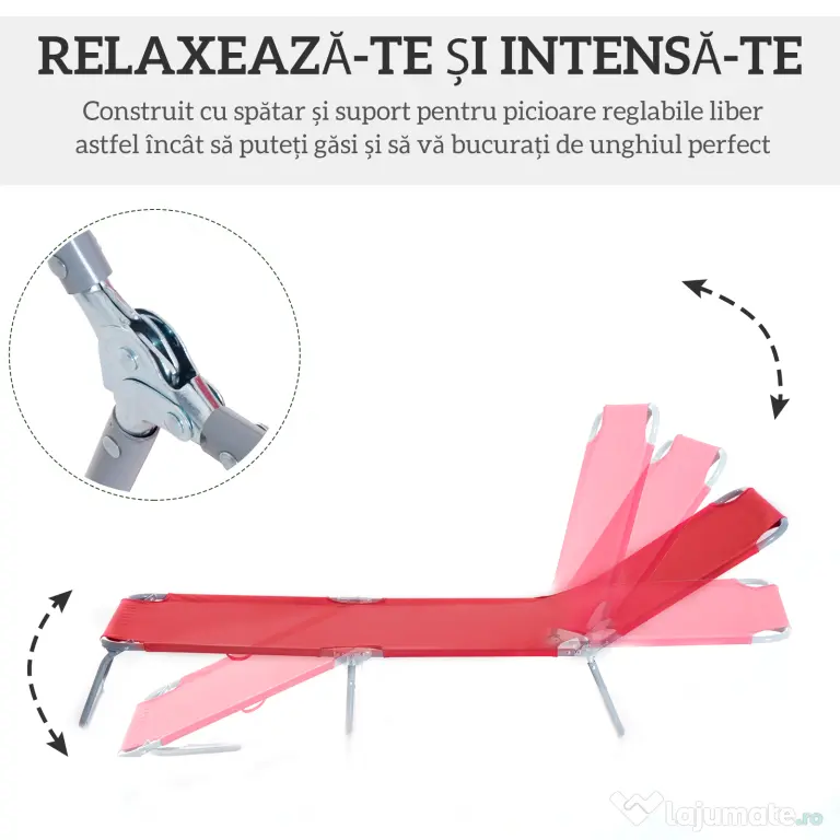 Outsunny Șezlong Pliabil cu Spătar Reglabil în 5 Poziții, Șezlong de Grădină cu Structură din Metal și Țesătură Oxford, pentru Plajă, Piscină sau Grădină, 187x55x24cm, Roșu