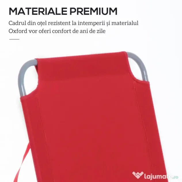 Outsunny Șezlong Pliabil cu Spătar Reglabil în 5 Poziții, Șezlong de Grădină cu Structură din Metal și Țesătură Oxford, pentru Plajă, Piscină sau Grădină, 187x55x24cm, Roșu