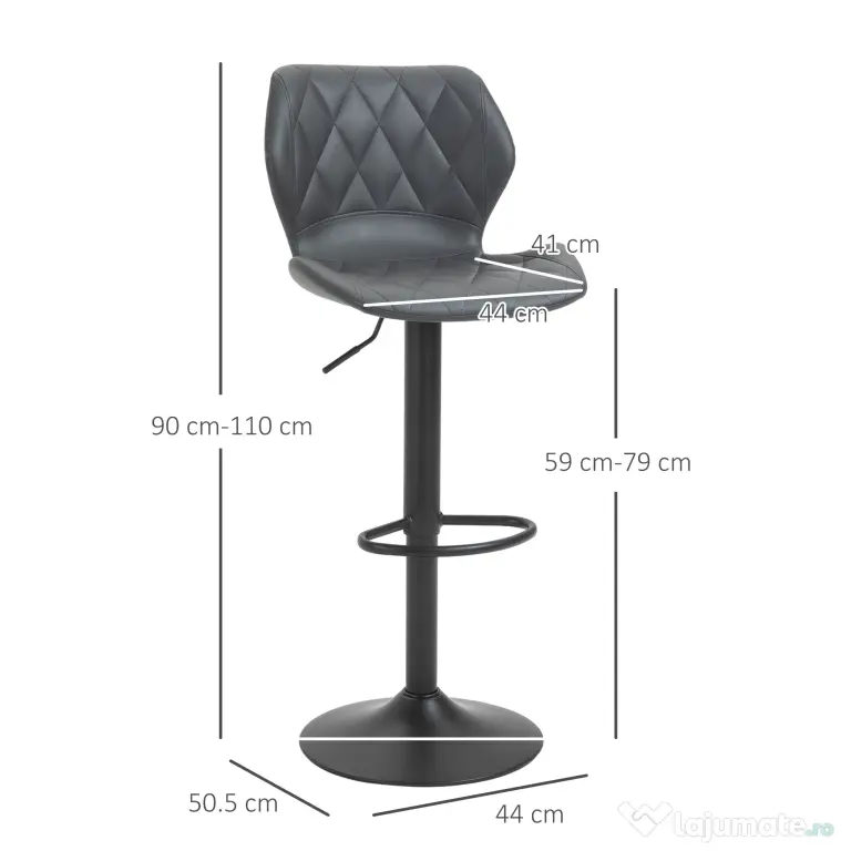 HOMCOM Set 2 Scaune Bar din Piele Sintetica Reglabile Gri