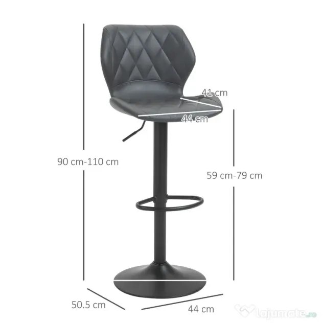HOMCOM Set 2 Scaune Bar din Piele Sintetica Reglabile Gri