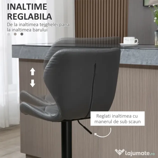 HOMCOM Set 2 Scaune Bar din Piele Sintetica Reglabile Gri