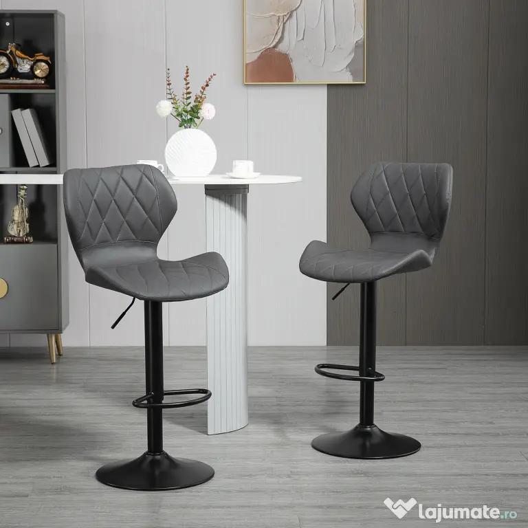 HOMCOM Set 2 Scaune Bar din Piele Sintetica Reglabile Gri