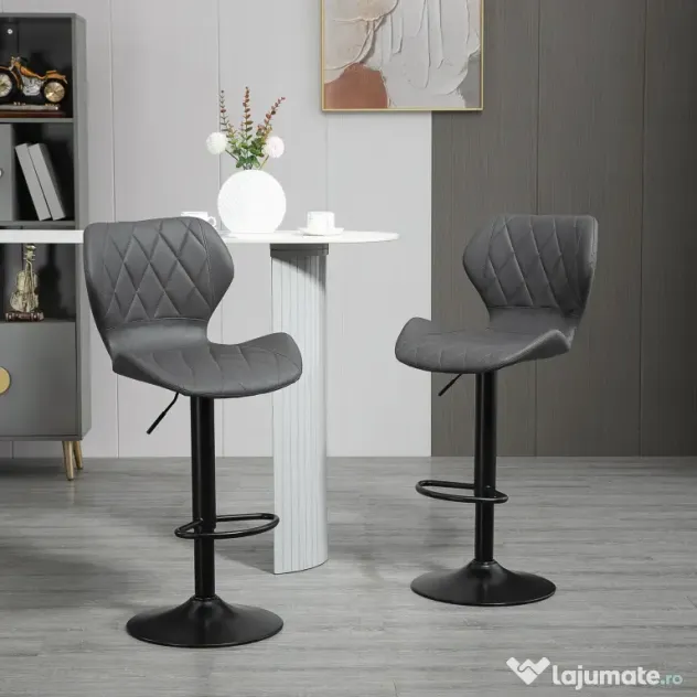 HOMCOM Set 2 Scaune Bar din Piele Sintetica Reglabile Gri
