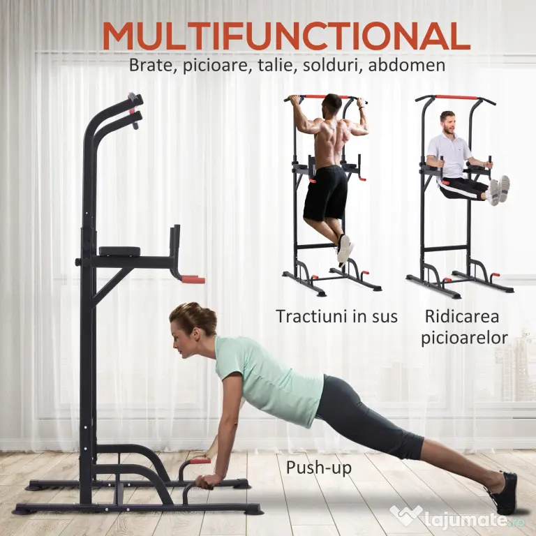 HOMCOM Bară de Tracțiuni Reglabilă pentru Fitness, Aparat Multifuncțional cu Cadru din Oțel, Max. 120 kg