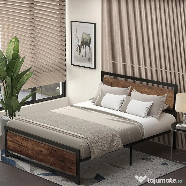 HOMCOM Cadru Pat Matrimonial din Lemn si Otel cu Sipci in Stil Industrial 160x200cm