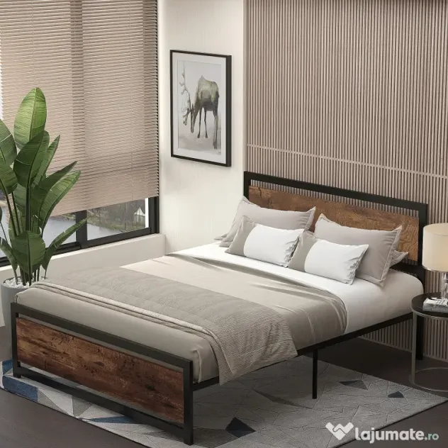HOMCOM Cadru Pat Matrimonial din Lemn si Otel cu Sipci in Stil Industrial 160x200cm