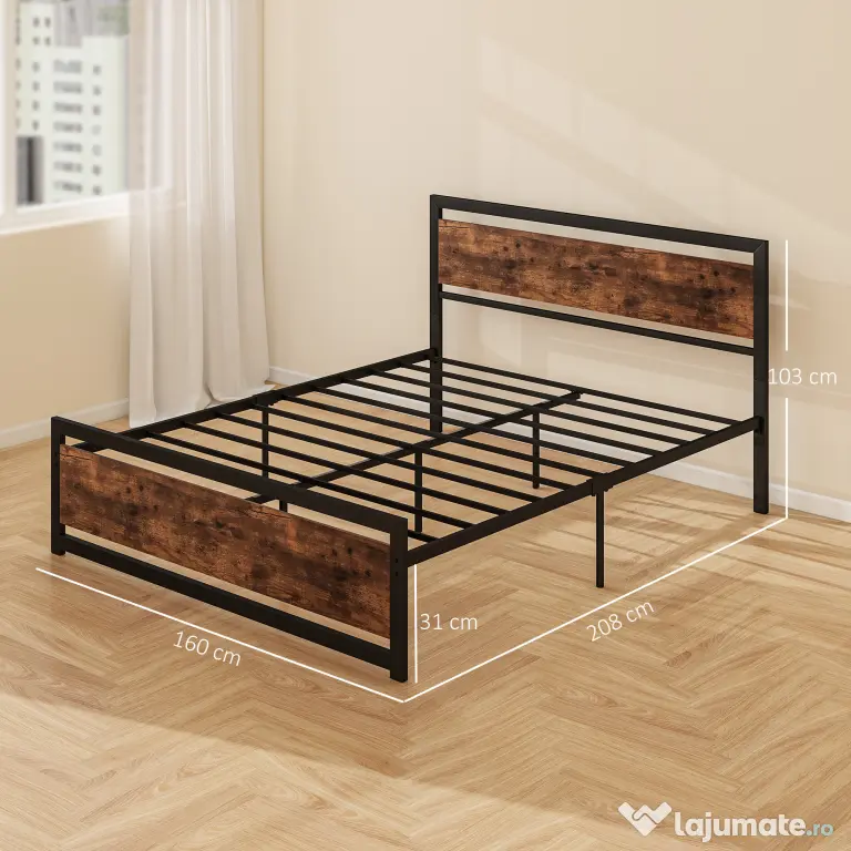 HOMCOM Cadru Pat Matrimonial din Lemn si Otel cu Sipci in Stil Industrial 160x200cm