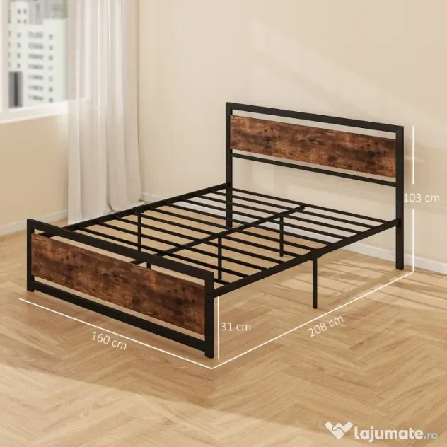 HOMCOM Cadru Pat Matrimonial din Lemn si Otel cu Sipci in Stil Industrial 160x200cm