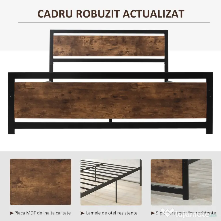 HOMCOM Cadru Pat Matrimonial din Lemn si Otel cu Sipci in Stil Industrial 160x200cm