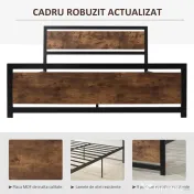 HOMCOM Cadru Pat Matrimonial din Lemn si Otel cu Sipci in Stil Industrial 160x200cm
