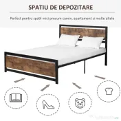 HOMCOM Cadru Pat Matrimonial din Lemn si Otel cu Sipci in Stil Industrial 160x200cm