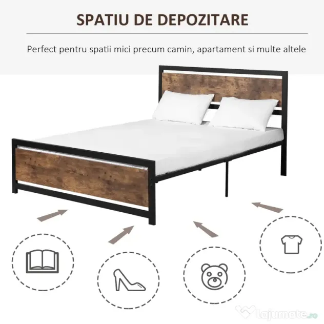 HOMCOM Cadru Pat Matrimonial din Lemn si Otel cu Sipci in Stil Industrial 160x200cm