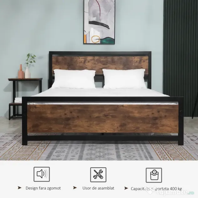 HOMCOM Cadru Pat Matrimonial din Lemn si Otel cu Sipci in Stil Industrial 160x200cm