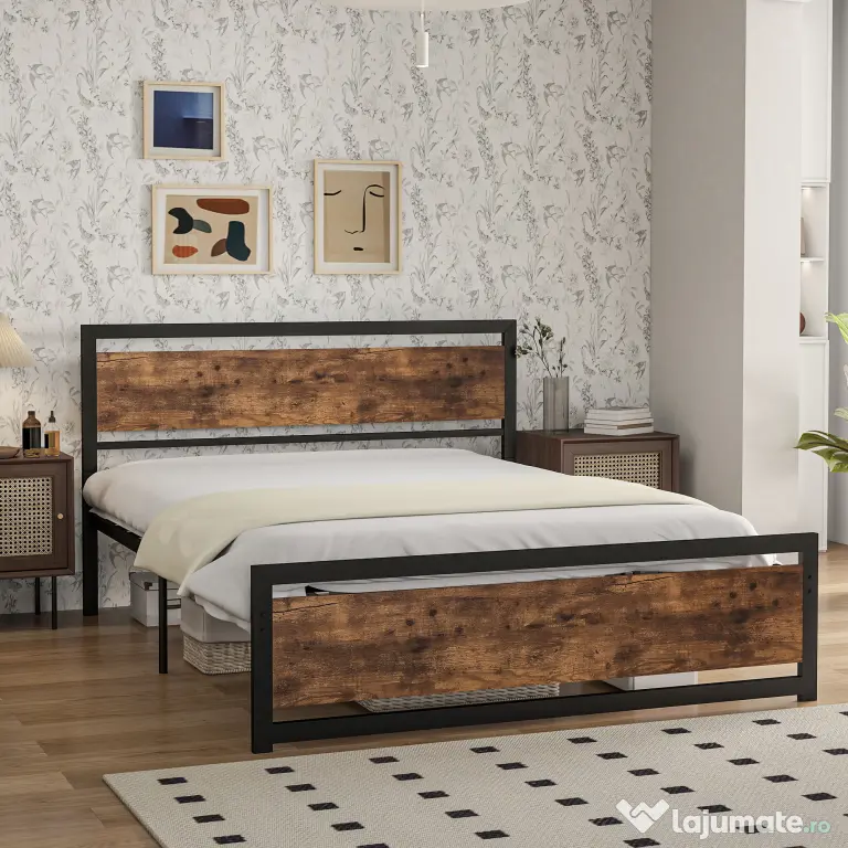 HOMCOM Cadru Pat Matrimonial din Lemn si Otel cu Sipci in Stil Industrial 160x200cm
