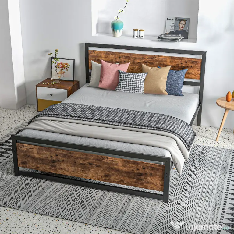 HOMCOM Cadru Pat Matrimonial din Lemn si Otel cu Sipci in Stil Industrial 160x200cm