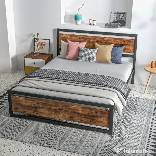 HOMCOM Cadru Pat Matrimonial din Lemn si Otel cu Sipci in Stil Industrial 160x200cm