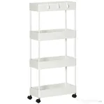 HOMCOM Cărucior Bucătărie Multifuncțional cu 4 Polițe și 3 Cârlige, Oțel și Plastic, 40x19x90 cm, Alb