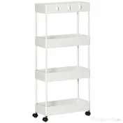 HOMCOM Cărucior Bucătărie Multifuncțional cu 4 Polițe și 3 Cârlige, Oțel și Plastic, 40x19x90 cm, Alb