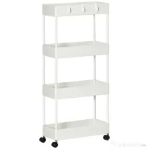 HOMCOM Cărucior Bucătărie Multifuncțional cu 4 Polițe și 3 Cârlige, Oțel și Plastic, 40x19x90 cm, Alb