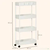 HOMCOM Cărucior Bucătărie Multifuncțional cu 4 Polițe și 3 Cârlige, Oțel și Plastic, 40x19x90 cm, Alb