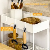 HOMCOM Cărucior Bucătărie Multifuncțional cu 4 Polițe și 3 Cârlige, Oțel și Plastic, 40x19x90 cm, Alb