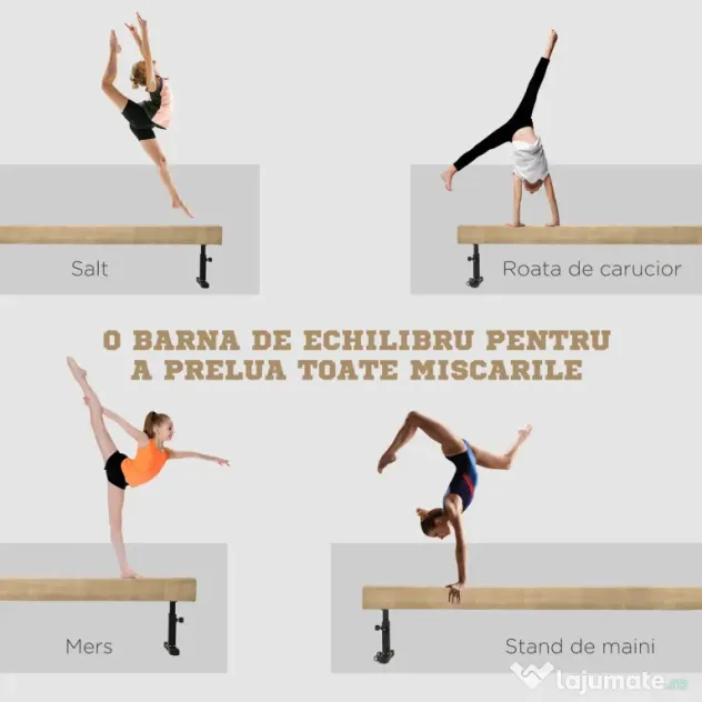 HOMCOM Barna de echilibru reglabila 2.3m, Barna de gimnastica cu roti, Echipament de gimnastica pentru antrenamentul copiiilor de 6+ ani si pentru antrenamentul profesionist acasa