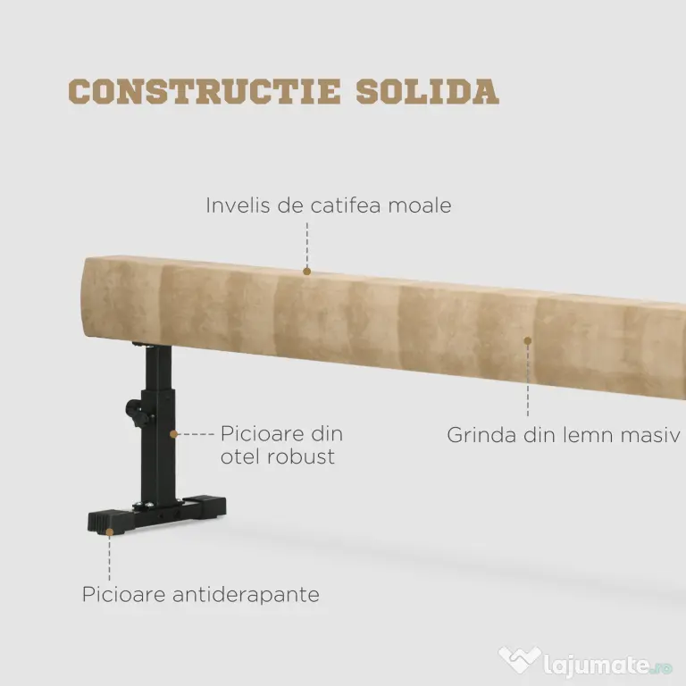 HOMCOM Barna de echilibru reglabila 2.3m, Barna de gimnastica cu roti, Echipament de gimnastica pentru antrenamentul copiiilor de 6+ ani si pentru antrenamentul profesionist acasa