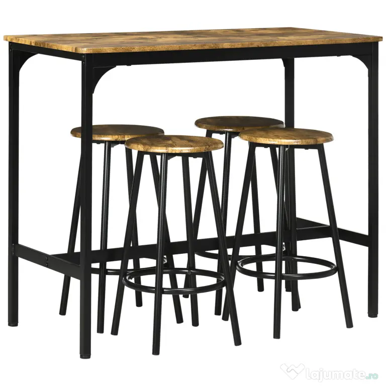 HOMCOM Set de masa si scaune de bar 5 piese, Masa industriala cu economie de spatiu si 4 scaune rotunde de bar cu cadru metalic pentru bar, sufragerie, Maro rustic