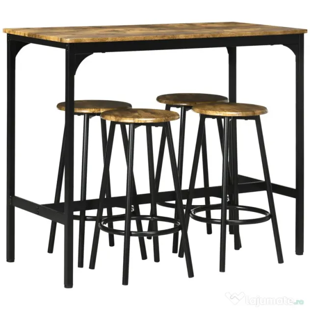 HOMCOM Set de masa si scaune de bar 5 piese, Masa industriala cu economie de spatiu si 4 scaune rotunde de bar cu cadru metalic pentru bar, sufragerie, Maro rustic