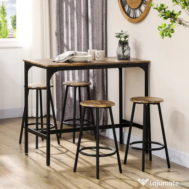HOMCOM Set de masa si scaune de bar 5 piese, Masa industriala cu economie de spatiu si 4 scaune rotunde de bar cu cadru metalic pentru bar, sufragerie, Maro rustic