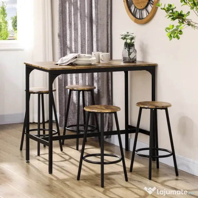 HOMCOM Set de masa si scaune de bar 5 piese, Masa industriala cu economie de spatiu si 4 scaune rotunde de bar cu cadru metalic pentru bar, sufragerie, Maro rustic
