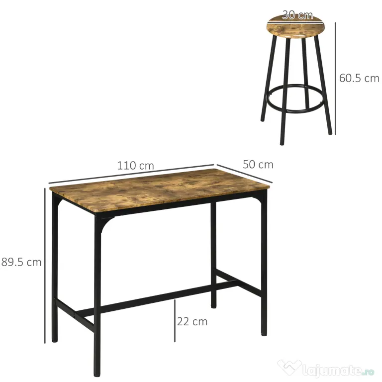 HOMCOM Set de masa si scaune de bar 5 piese, Masa industriala cu economie de spatiu si 4 scaune rotunde de bar cu cadru metalic pentru bar, sufragerie, Maro rustic