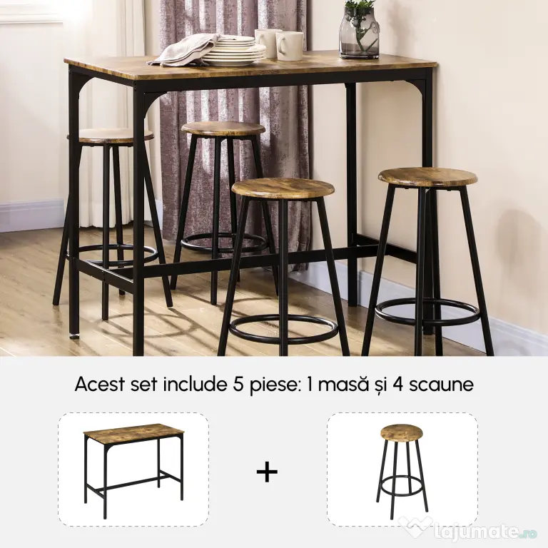 HOMCOM Set de masa si scaune de bar 5 piese, Masa industriala cu economie de spatiu si 4 scaune rotunde de bar cu cadru metalic pentru bar, sufragerie, Maro rustic