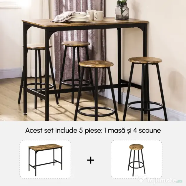 HOMCOM Set de masa si scaune de bar 5 piese, Masa industriala cu economie de spatiu si 4 scaune rotunde de bar cu cadru metalic pentru bar, sufragerie, Maro rustic