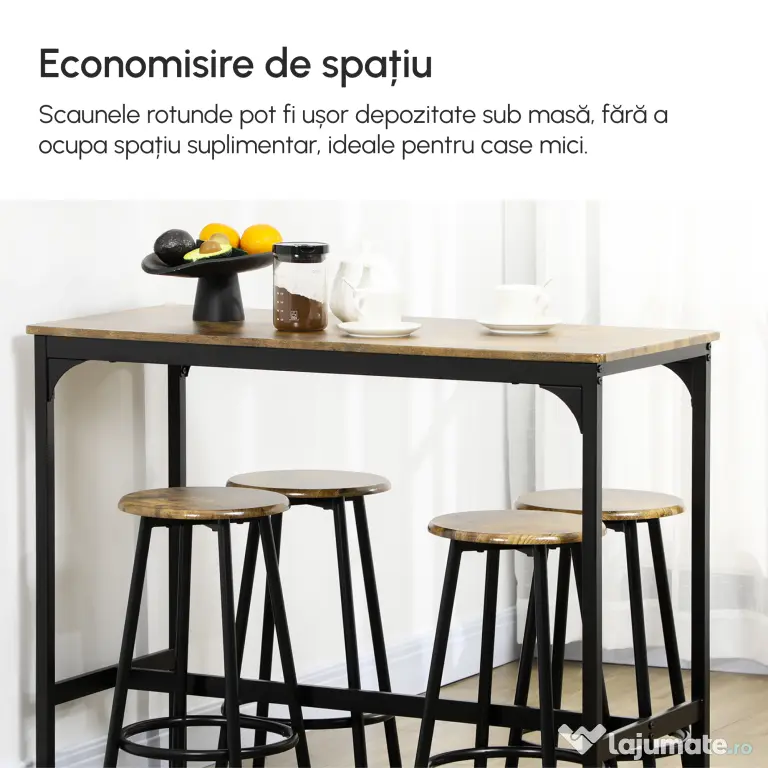 HOMCOM Set de masa si scaune de bar 5 piese, Masa industriala cu economie de spatiu si 4 scaune rotunde de bar cu cadru metalic pentru bar, sufragerie, Maro rustic