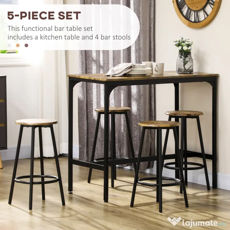 HOMCOM Set de masa si scaune de bar 5 piese, Masa industriala cu economie de spatiu si 4 scaune rotunde de bar cu cadru metalic pentru bar, sufragerie, Maro rustic