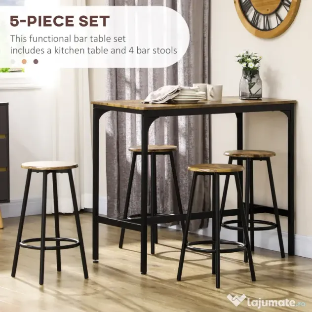 HOMCOM Set de masa si scaune de bar 5 piese, Masa industriala cu economie de spatiu si 4 scaune rotunde de bar cu cadru metalic pentru bar, sufragerie, Maro rustic