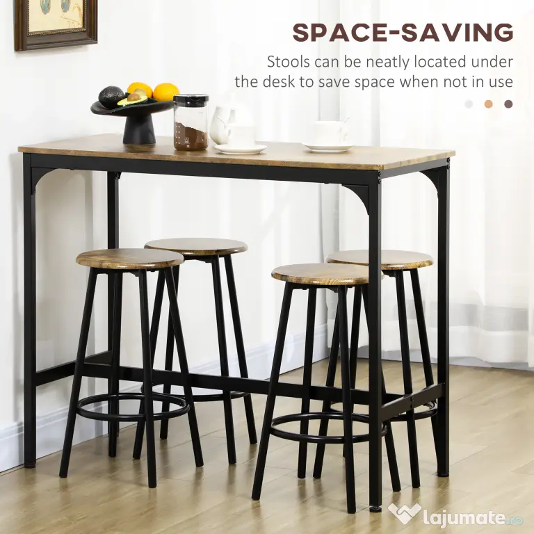 HOMCOM Set de masa si scaune de bar 5 piese, Masa industriala cu economie de spatiu si 4 scaune rotunde de bar cu cadru metalic pentru bar, sufragerie, Maro rustic