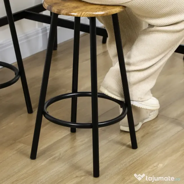 HOMCOM Set de masa si scaune de bar 5 piese, Masa industriala cu economie de spatiu si 4 scaune rotunde de bar cu cadru metalic pentru bar, sufragerie, Maro rustic