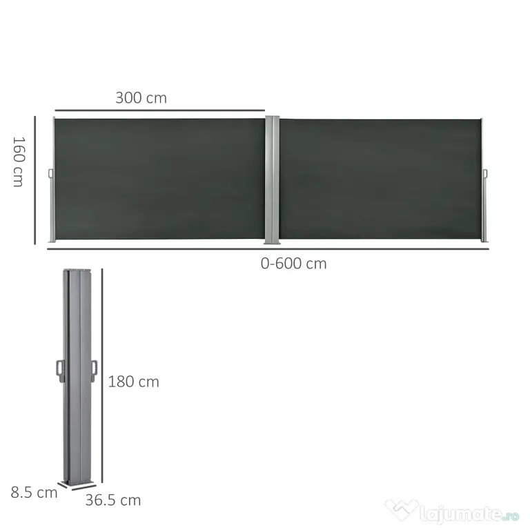 Outsunny Prelată Laterală Retractabilă cu Mâner, Separator Grădină din Metal și Poliester 180 g/m², Anti UV, pentru Intimitate în Exterior, pentru Balcon sau Grădină, 600x180 cm, Gri