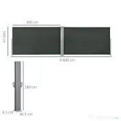 Outsunny Prelată Laterală Retractabilă cu Mâner, Separator Grădină din Metal și Poliester 180 g/m², Anti UV, pentru Intimitate în Exterior, pentru Balcon sau Grădină, 600x180 cm, Gri 