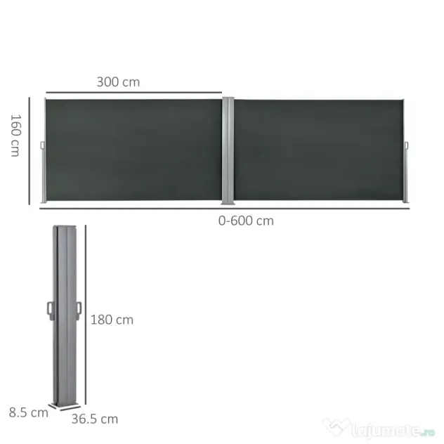 Outsunny Prelată Laterală Retractabilă cu Mâner, Separator Grădină din Metal și Poliester 180 g/m², Anti UV, pentru Intimitate în Exterior, pentru Balcon sau Grădină, 600x180 cm, Gri