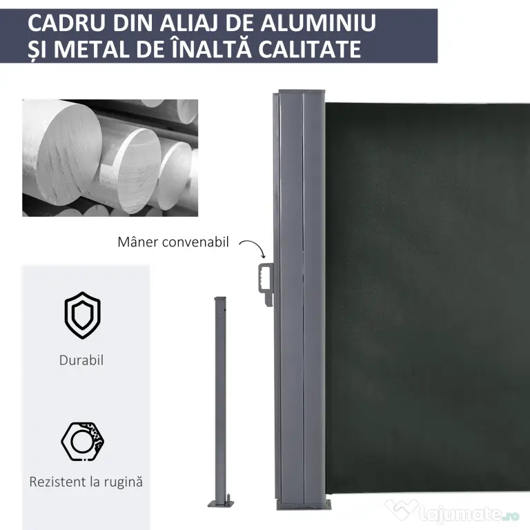 Outsunny Prelată Laterală Retractabilă cu Mâner, Separator Grădină din Metal și Poliester 180 g/m², Anti UV, pentru Intimitate în Exterior, pentru Balcon sau Grădină, 600x180 cm, Gri