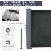 Outsunny Prelată Laterală Retractabilă cu Mâner, Separator Grădină din Metal și Poliester 180 g/m², Anti UV, pentru Intimitate în Exterior, pentru Balcon sau Grădină, 600x180 cm, Gri 