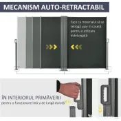 Outsunny Prelată Laterală Retractabilă cu Mâner, Separator Grădină din Metal și Poliester 180 g/m², Anti UV, pentru Intimitate în Exterior, pentru Balcon sau Grădină, 600x180 cm, Gri 