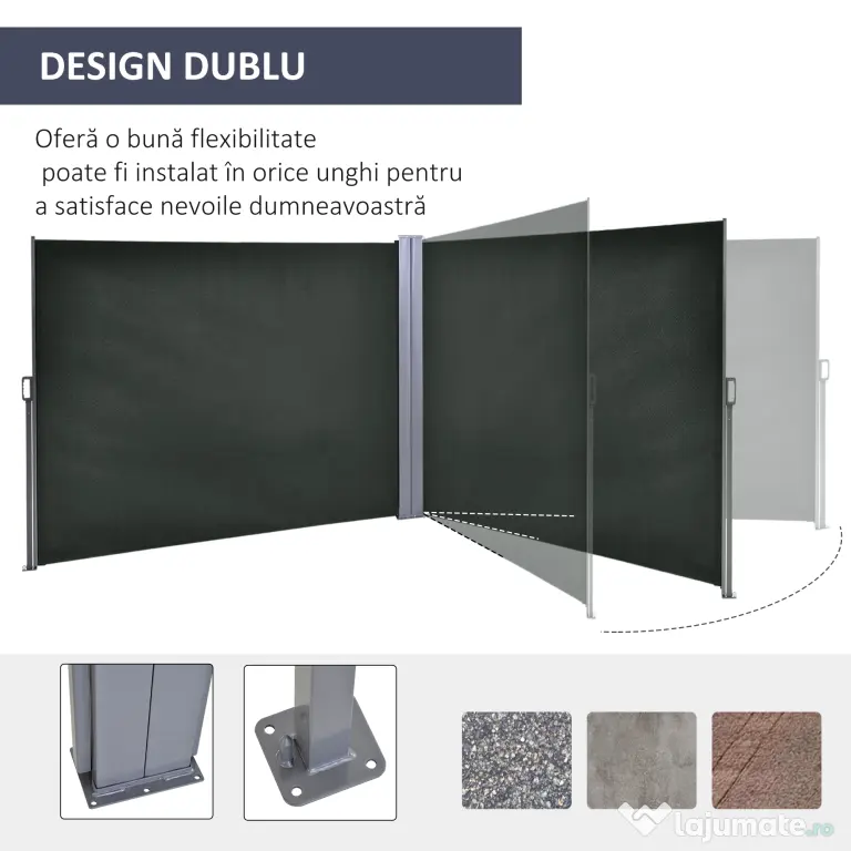Outsunny Prelată Laterală Retractabilă cu Mâner, Separator Grădină din Metal și Poliester 180 g/m², Anti UV, pentru Intimitate în Exterior, pentru Balcon sau Grădină, 600x180 cm, Gri