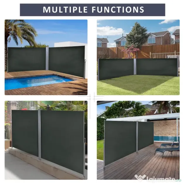 Outsunny Prelată Laterală Retractabilă cu Mâner, Separator Grădină din Metal și Poliester 180 g/m², Anti UV, pentru Intimitate în Exterior, pentru Balcon sau Grădină, 600x180 cm, Gri