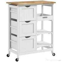 HOMCOM, Carucior de bucatarie, Cu 3 Sertare, MDF, Lemn de cauciuc, 67 x 37 x 85.5 cm, Alb