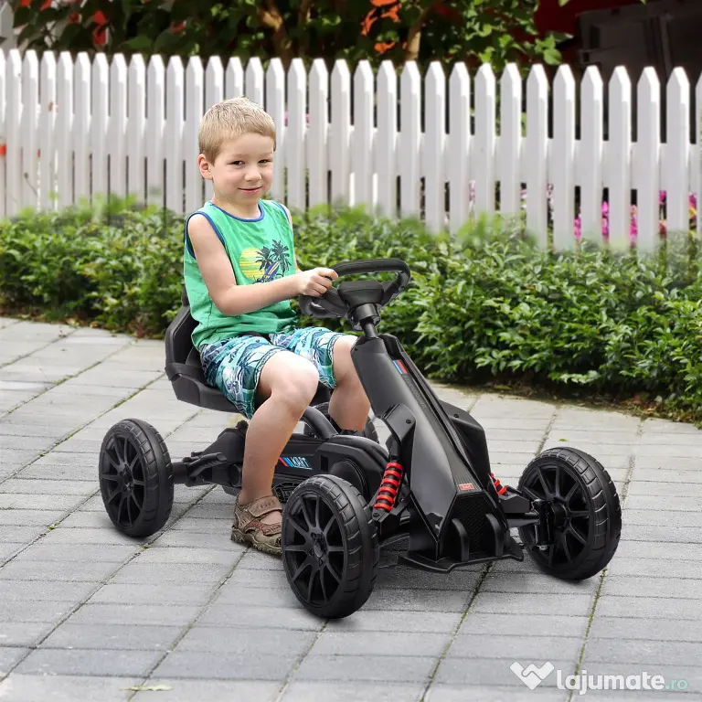 HOMCOM kart cu pedale pentru copii, scaun reglabil 4 poziții, roți EVA, 100 x 58 x 58,5 cm, negru