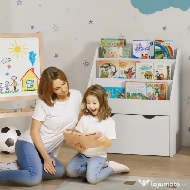 AIYAPLAY Bibliotecă pentru copii cu vârsta între 3-8 ani, cu 3 rafturi și sertar inferior, din MDF, 62,5x30x70 cm, alb